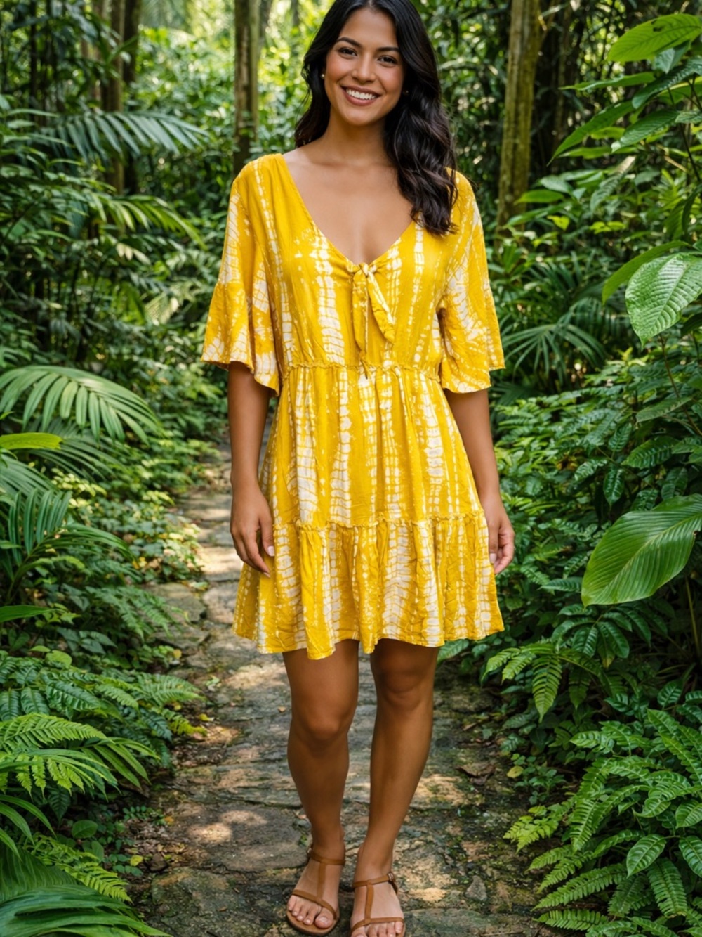 🌼 blue island Earthy Yellow Boho Tie-Front Mini Dress Beach Casual Festival